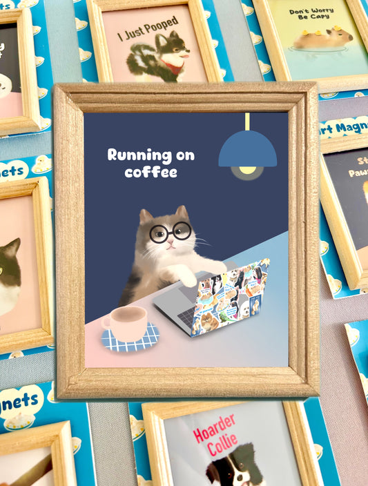 Running On Coffee Cat Art Magnet